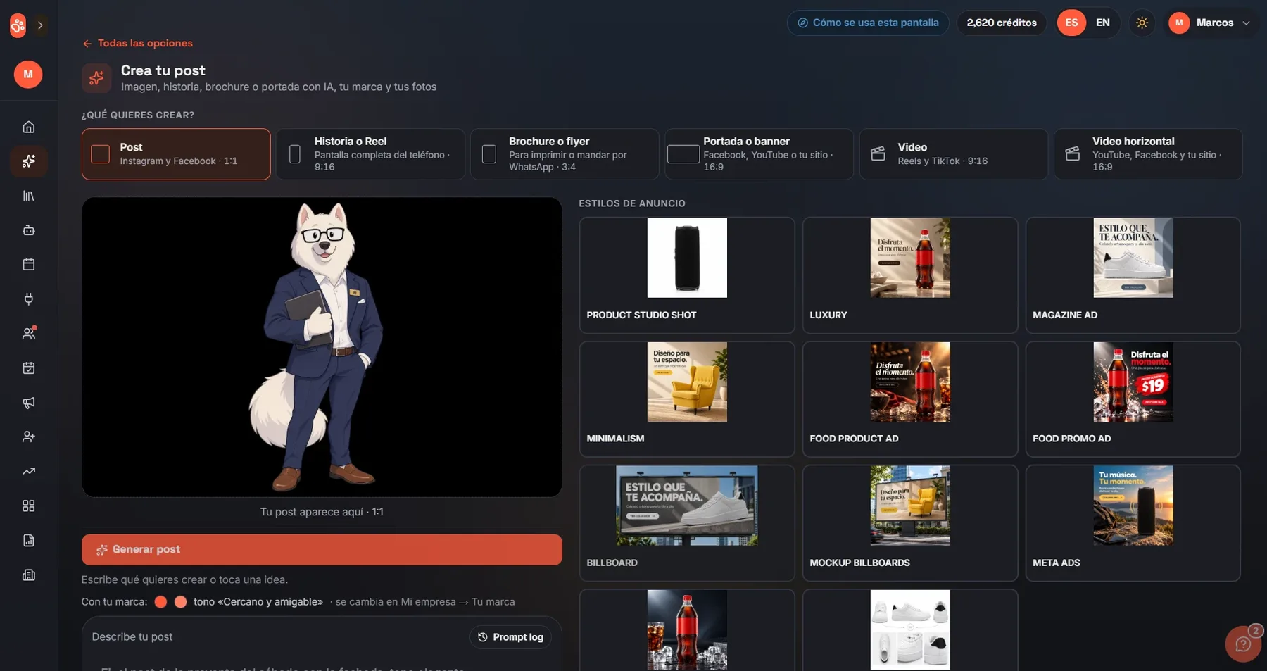Pantalla de Crea tu post en PAWWER con formatos y estilos de anuncio